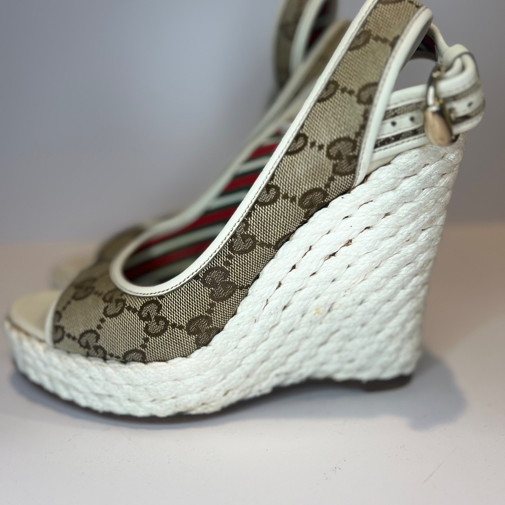 Gucci Beige/White GG Canvas Ankle Strap Wedge Sandals - Picture 6 of 12